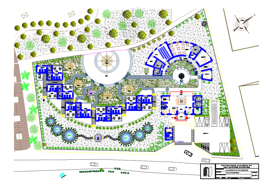 Landscape design of residential area with architectural detail dwg file