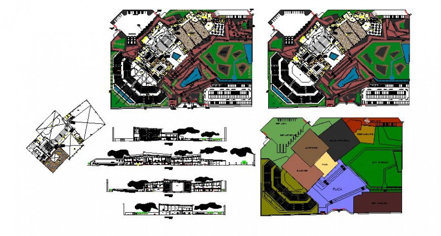 Large auditorium with restaurant plan and elevation in auto cad