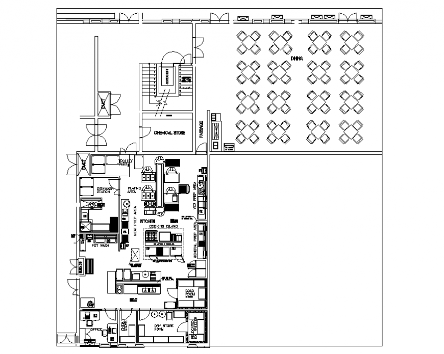Large catering kitchen architecture layout plan details dwg file