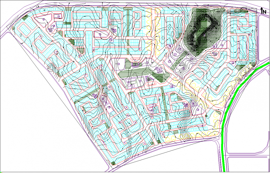 Large housing scheme details with contour plan in dwg file.