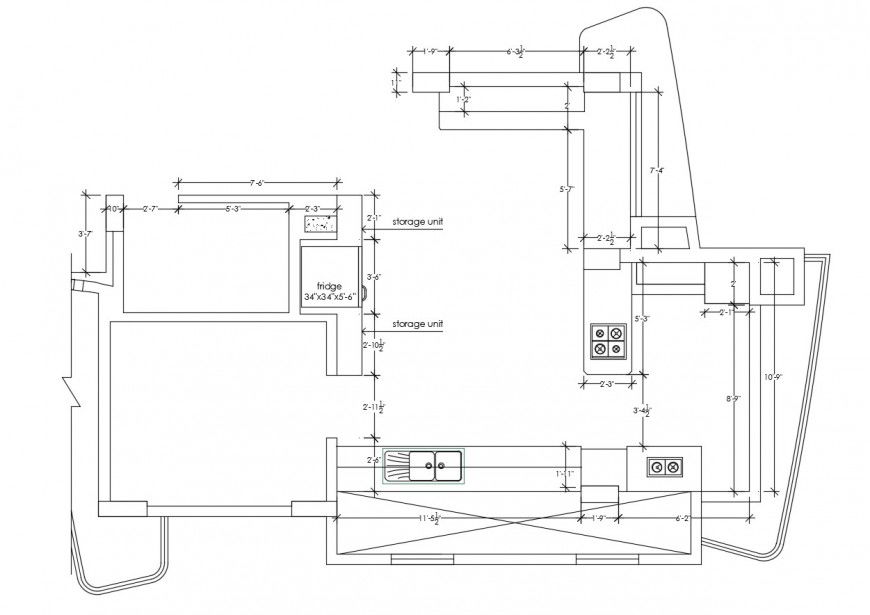 Large kitchen architecture layout plan with furniture cad drawing details dwg file