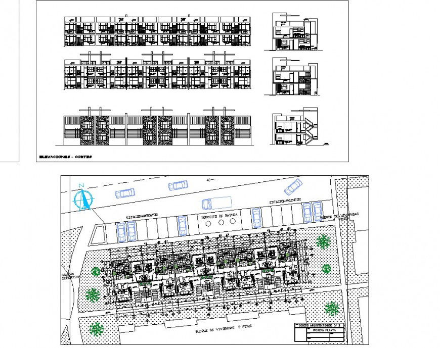 Large plot planning, elevation and section commercial building detail dwg file