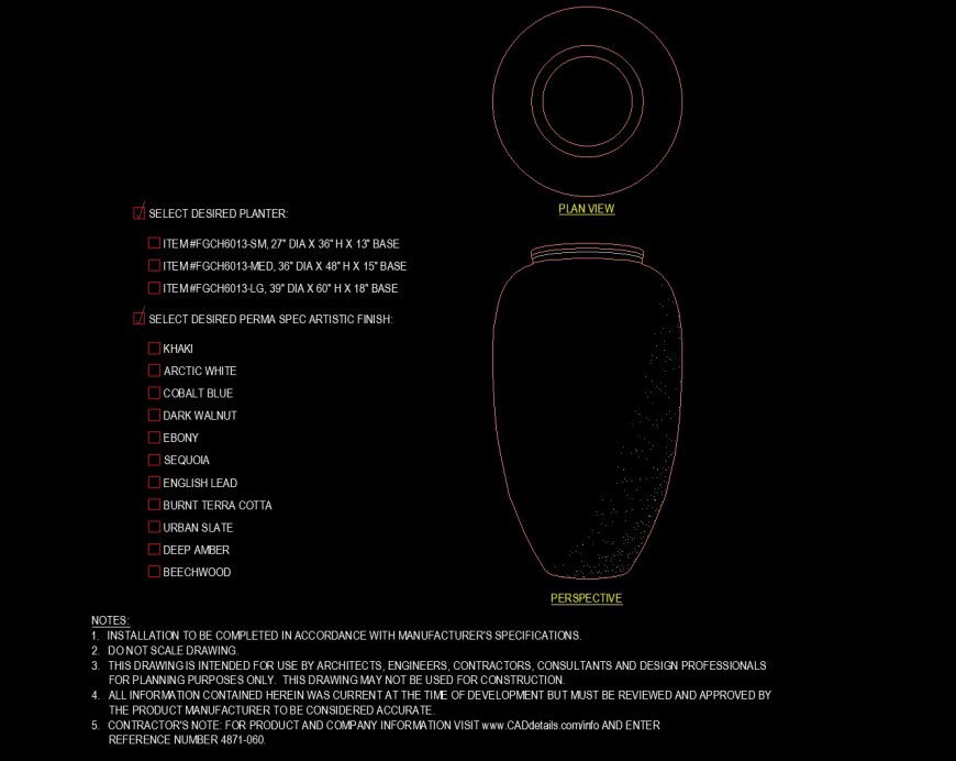 Large tall artistic planter drawing in dwg file.