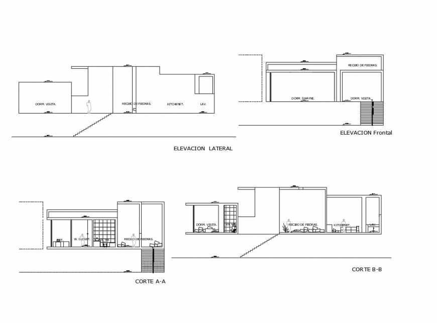 Lateral and front elevation and sectional details of beach house dwg file