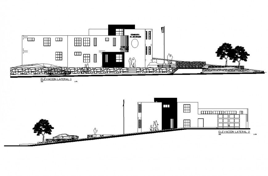 Lateral both sided elevation details of commissioner office building dwg file