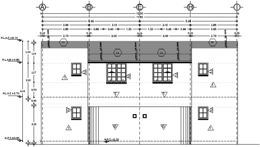 Lateral elevation drawing details of residential duplex house dwg file
