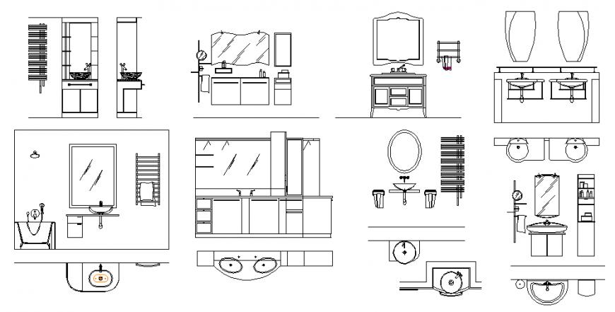 Lavatory and bathroom equipment blocks cad drawing details dwg file