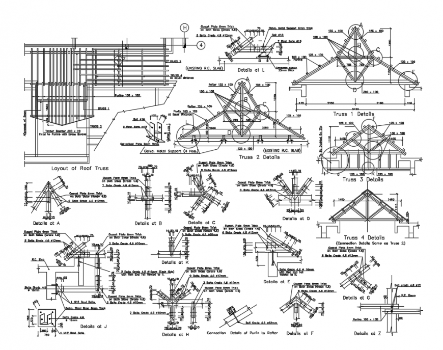 Layout of roof truss with constructive sectional details dwg file