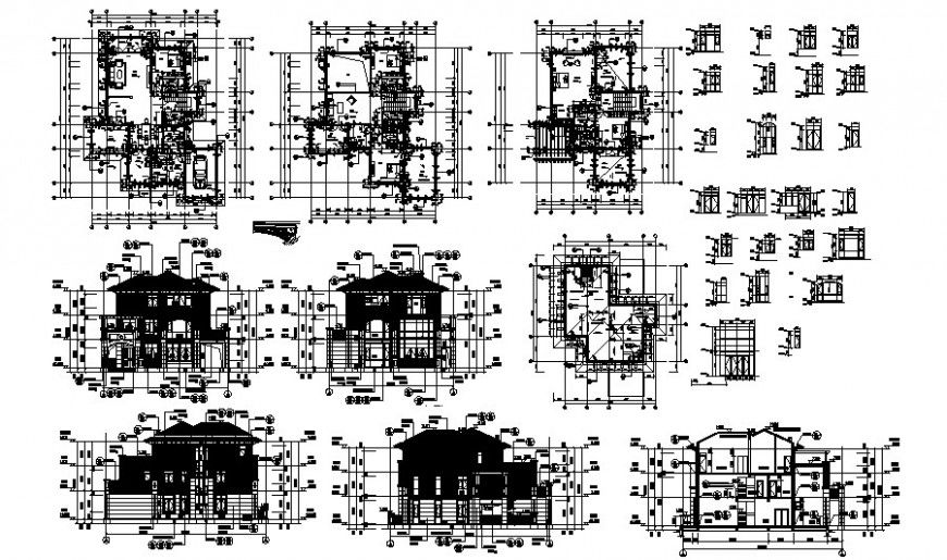 Layout plan, elevation and sectional detail of house drawing in autocad
