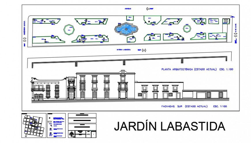 Layout plan and elevation of a historic center dwg file