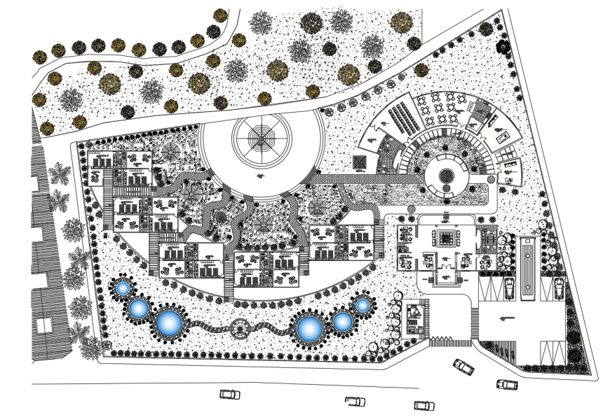 Layout plan and landscaping structure details of luxuries hotel dwg file