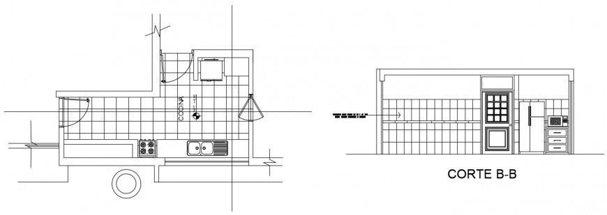 Layout plan and section details of kitchen autocad software file