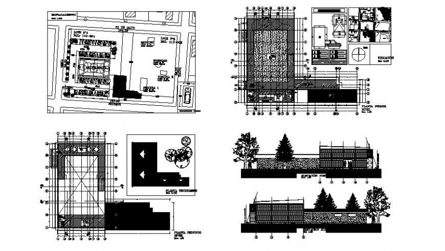 Layout plan elevation and sectional detail of sports ground autocad