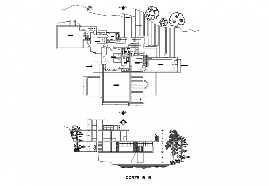 Layout plan of a bungalow with elevation detail dwg file