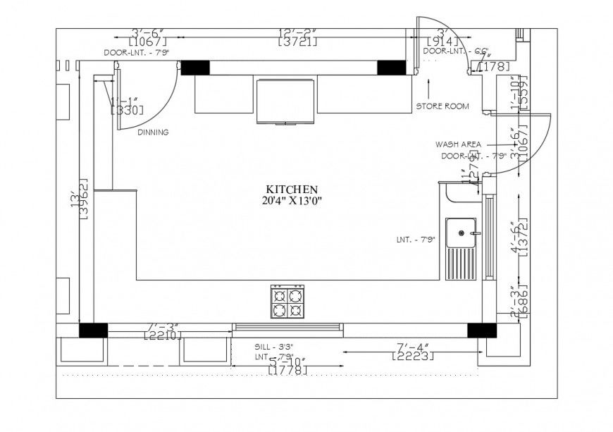 Layout plan of a kitchen area 2d view autocad file