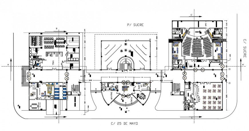 Layout plan of culture center building 2d view dwg autocad file