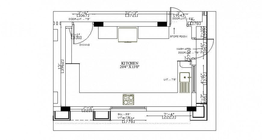 Layout plan of kitchen interior detail 2d view autocad file