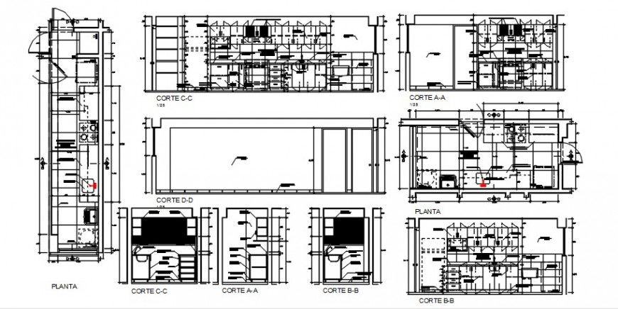 Layout plan of the kitchen with sectional detailing dwg file