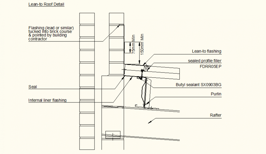 Lean to roof detail plan and elevation autocad file