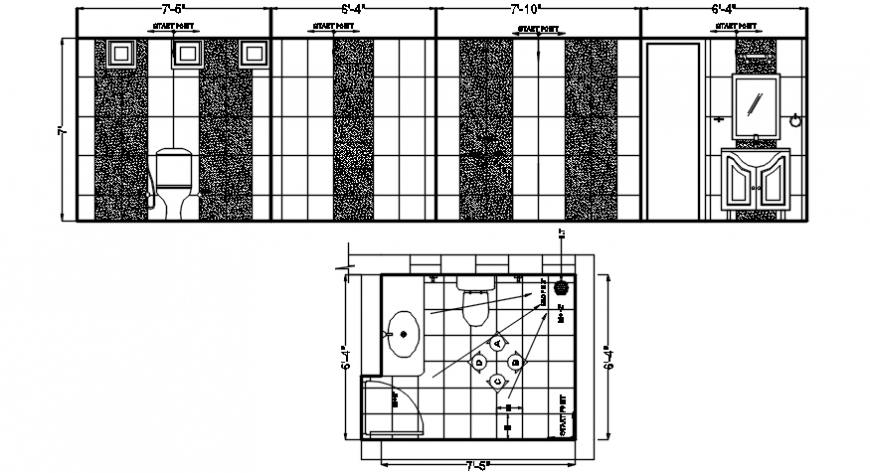 Left side section, plan and installation drawing details for toilet dwg file