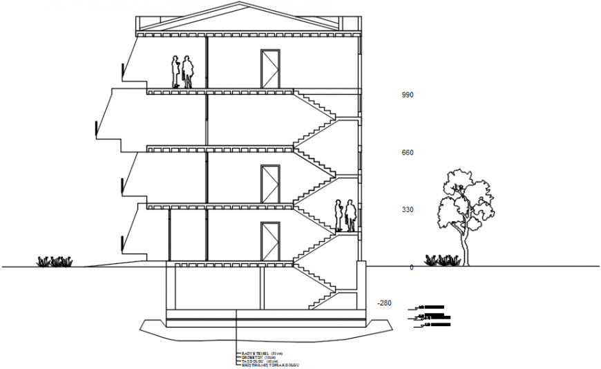 Left side cut sectional drawing details of apartment building dwg file