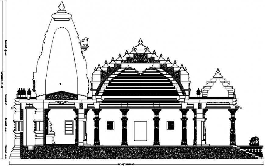 Left side elevation drawing details of religious temple dwg file