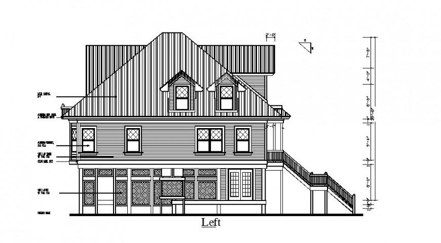 Left side elevation drawing details of two story house dwg file