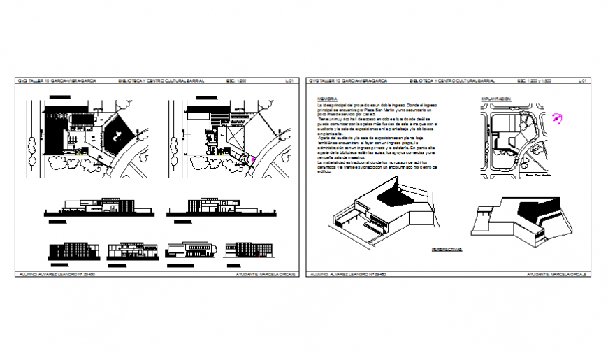 Library and cultural center all sided elevation, section and layout plan details dwg file