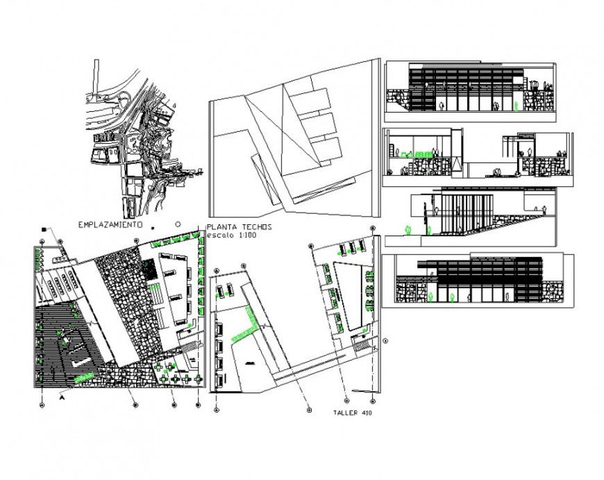Library building plan elevation and sectional autocad file