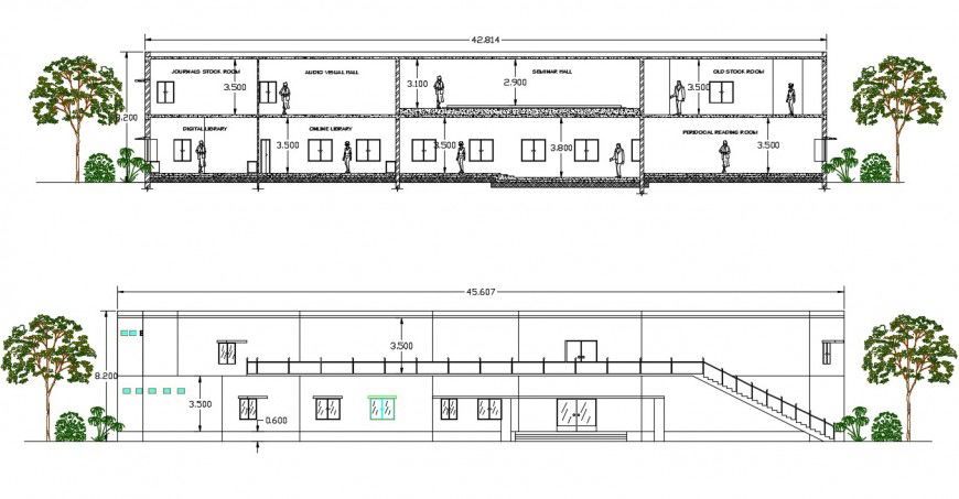 library section plan and elevation design cad file