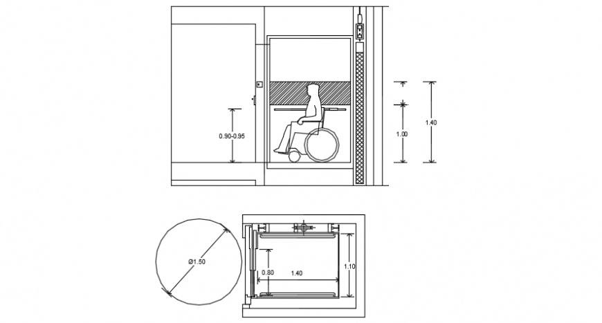 Lift layout plan and sectional elevation detail dwg file