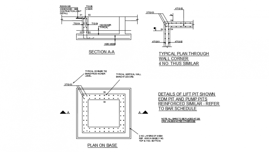 Lift pit details top view plan and sections dwg file