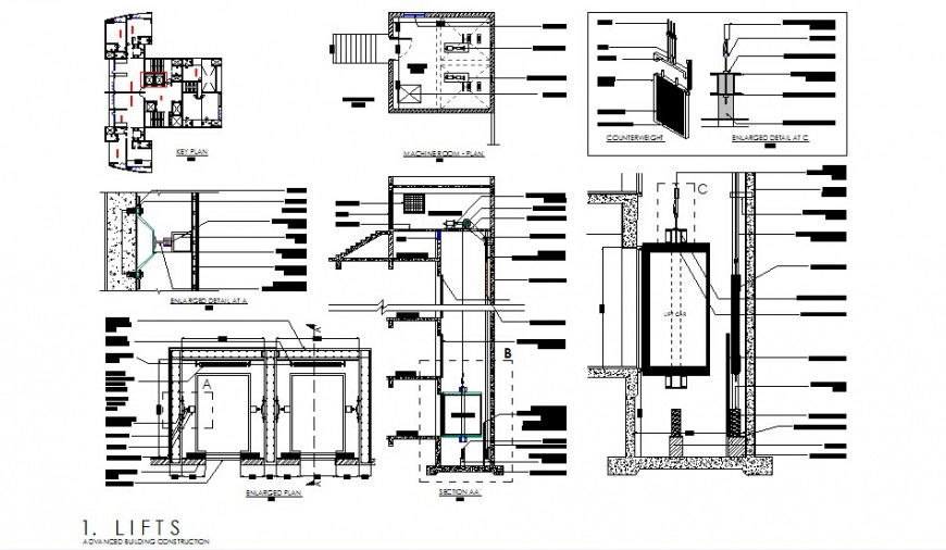 Lift plan, elevation and section dwg file
