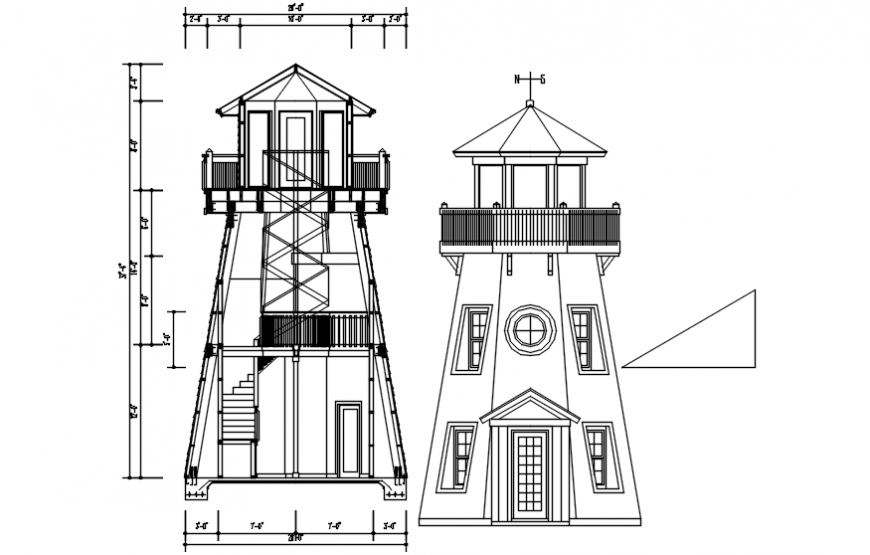 Light house 2d drawings elevation and section dwg file