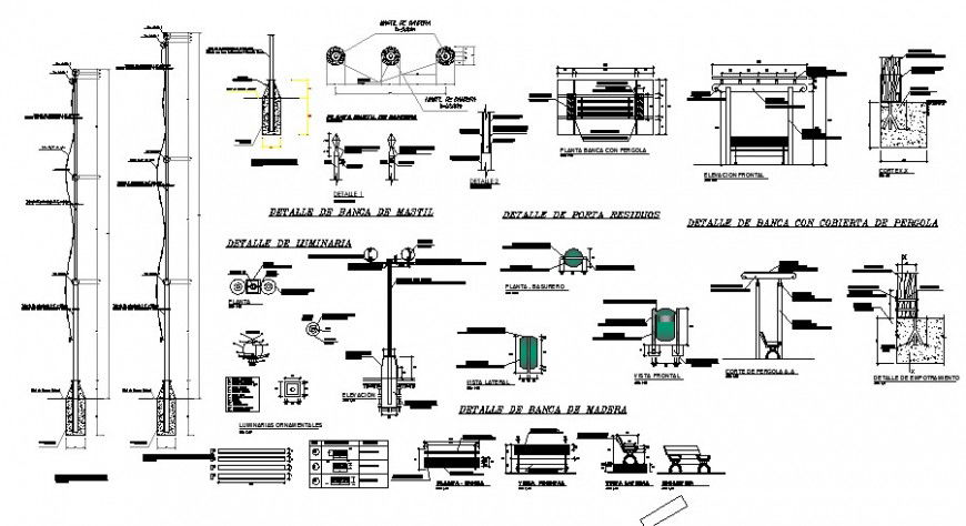 Light pole installation, benches installation and garden equipment details dwg file