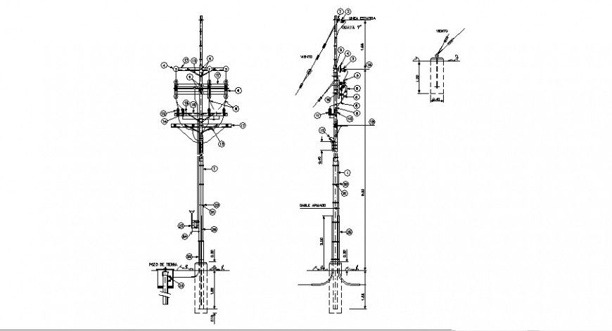 Light pole section and electric installation cad drawing details dwg file