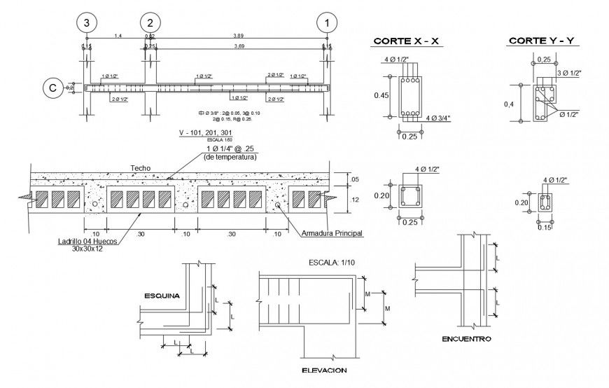 Lightened concrete slab structure details with column and beam cad drawing details dwg file
