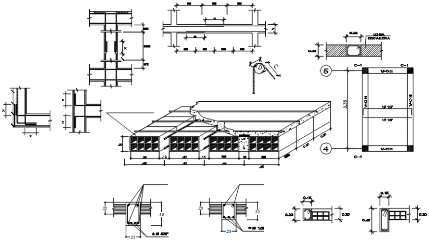Lightening detail isometric view with different wall section in AutoCAD