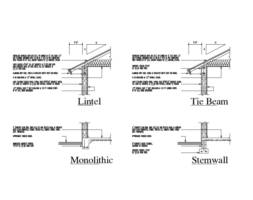 Lintel, tile beam, monolithic and stem wall constructive structure details dwg file