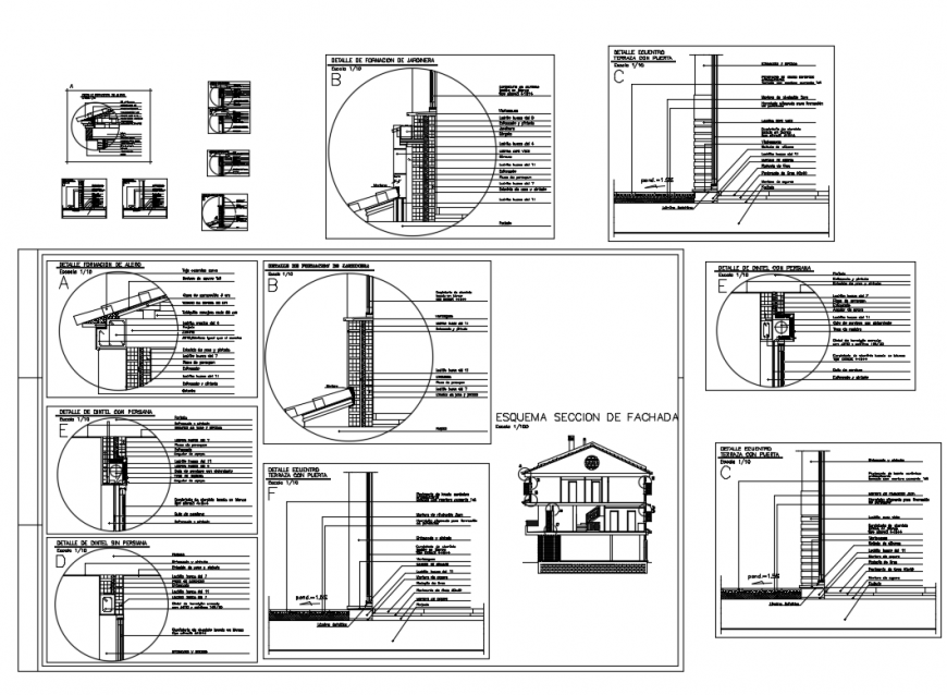 Lintel details of windows and eaves formation constructive details dwg file