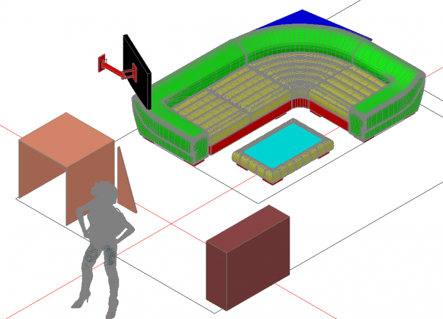 Living room 3 D front view detail dwg file