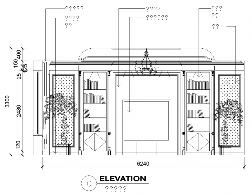 Living room and bookcase cad elevation Layout file