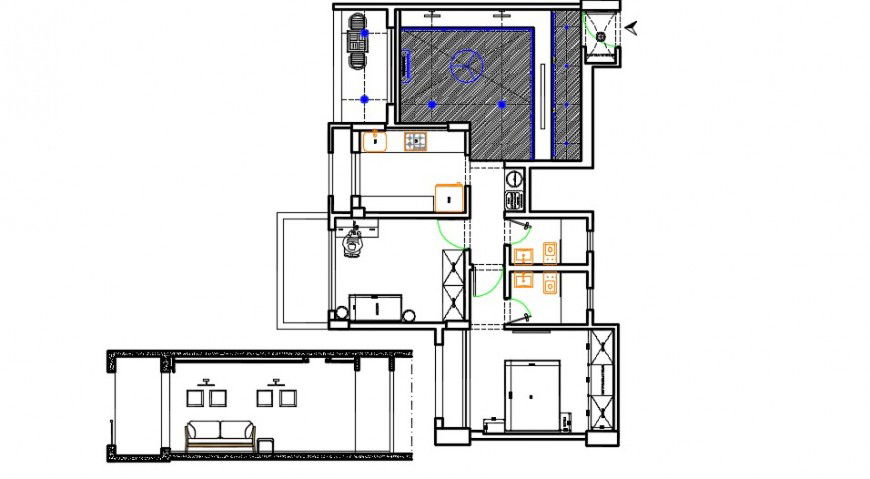 Living room and drawing room sectional detail with ceiling plan dwg file