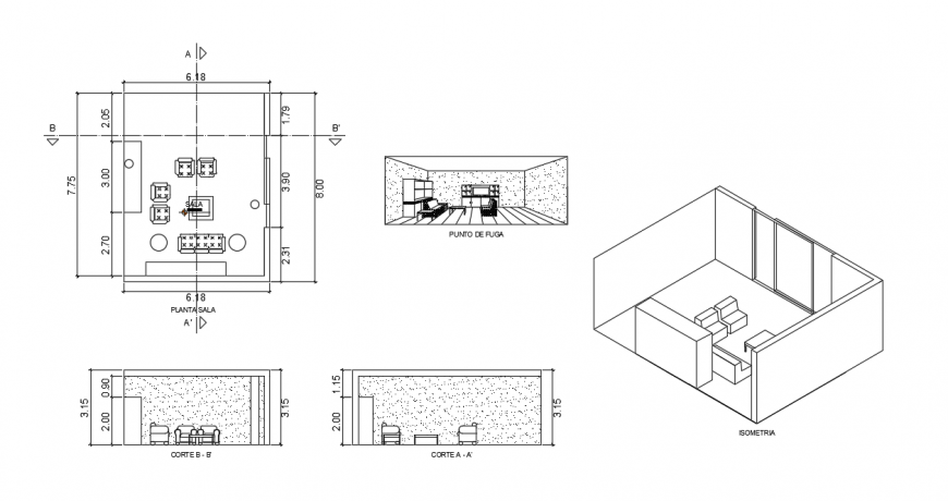 Living room furniture detailing ,perspective view detail dwg file