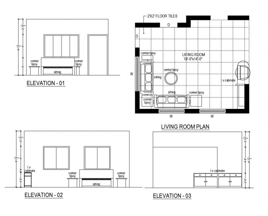 Living room plan elevation detail of a house dwg file
