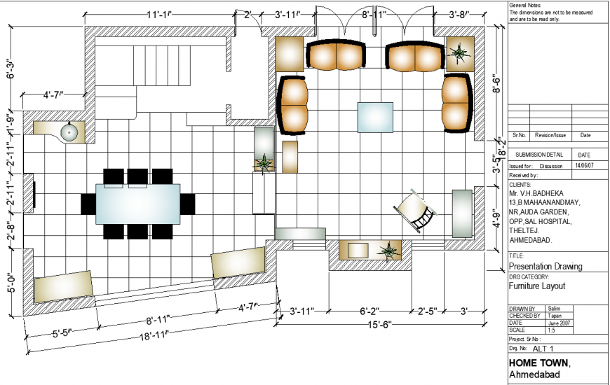 Living room plan with furnished detailing of dwg file.