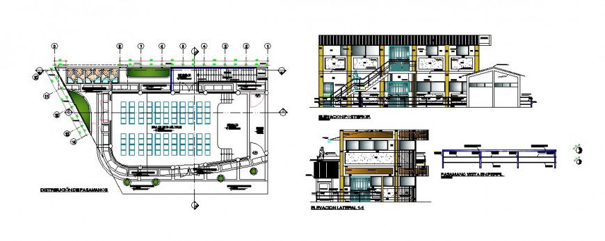 Local communication hall main elevation, section and plan cad drawing details dwg file