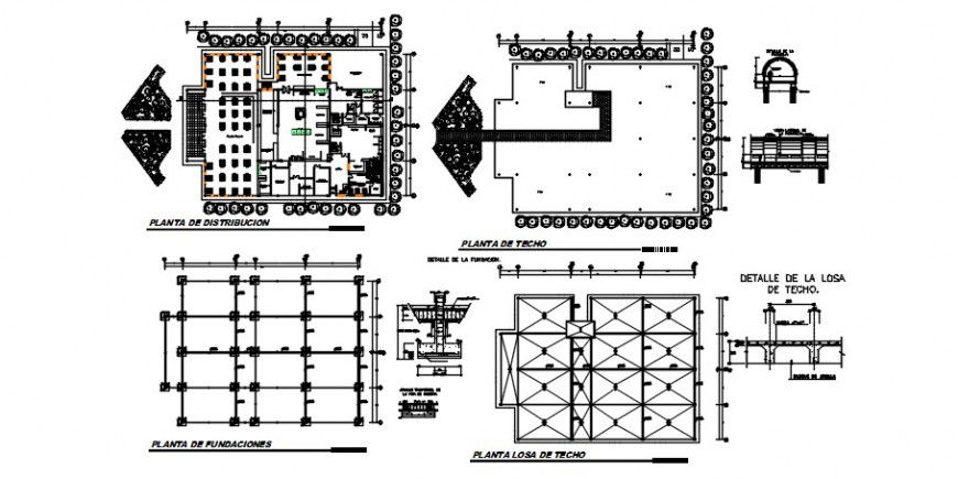 Local hospital distribution plan, foundation plan, roof cover plan and structure details dwg file