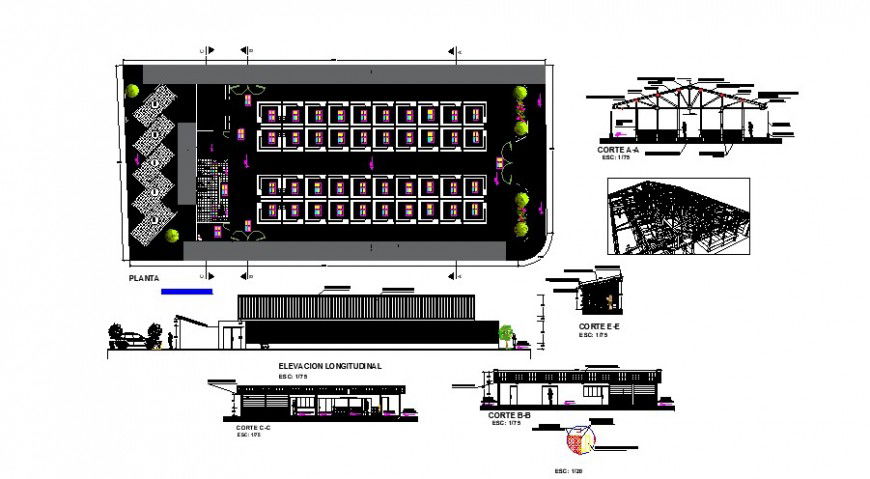 Local market building plan, elevation and section 2d view layout file in autocad format