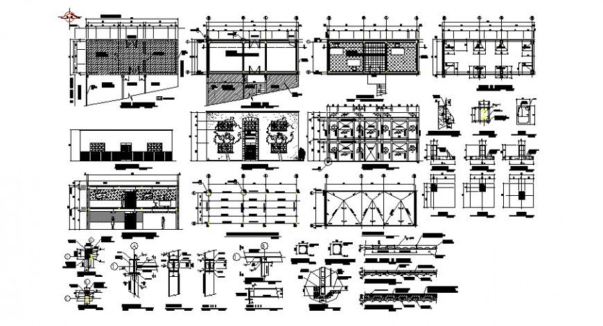 Local office building elevation, section, floor plan and structure details dwg file